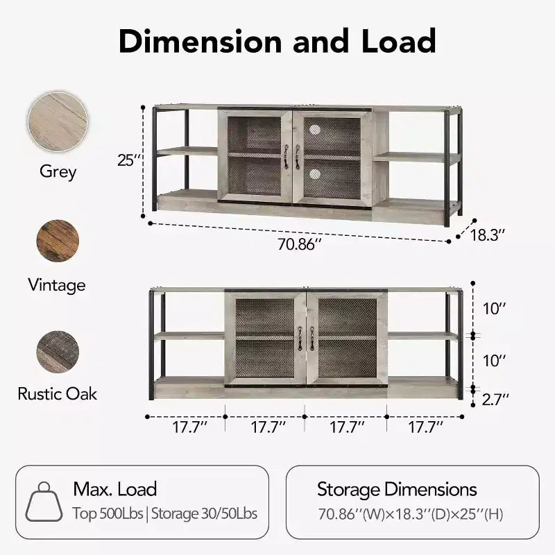 Rustic Grey Entertainment Center, 63-Inch TV Stand with Storage Cabinet and Mesh Doors for Living Room & Bedroom