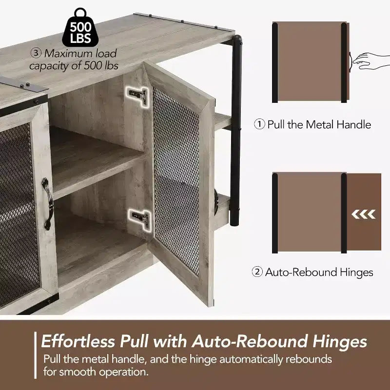 Rustic Grey Entertainment Center, 63-Inch TV Stand with Storage Cabinet and Mesh Doors for Living Room & Bedroom