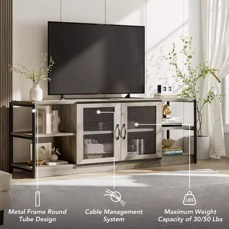 Rustic Grey Entertainment Center, 63-Inch TV Stand with Storage Cabinet and Mesh Doors for Living Room & Bedroom