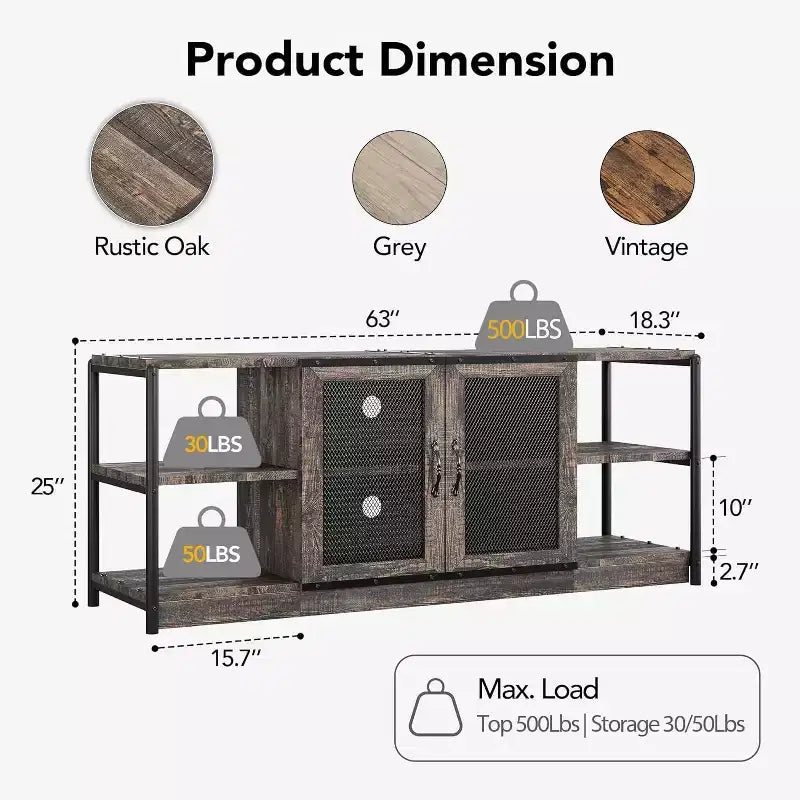 Rustic Grey Entertainment Center, 63-Inch TV Stand with Storage Cabinet and Mesh Doors for Living Room & Bedroom