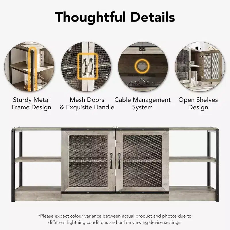 Rustic Grey Entertainment Center, 63-Inch TV Stand with Storage Cabinet and Mesh Doors for Living Room & Bedroom