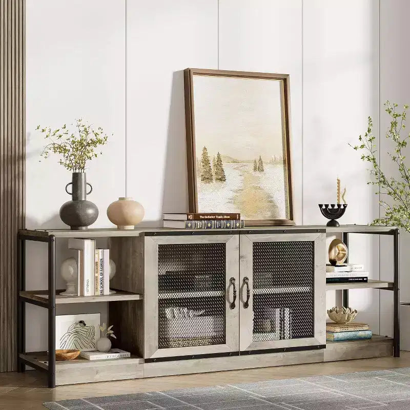 Rustic Grey Entertainment Center, 63-Inch TV Stand with Storage Cabinet and Mesh Doors for Living Room & Bedroom