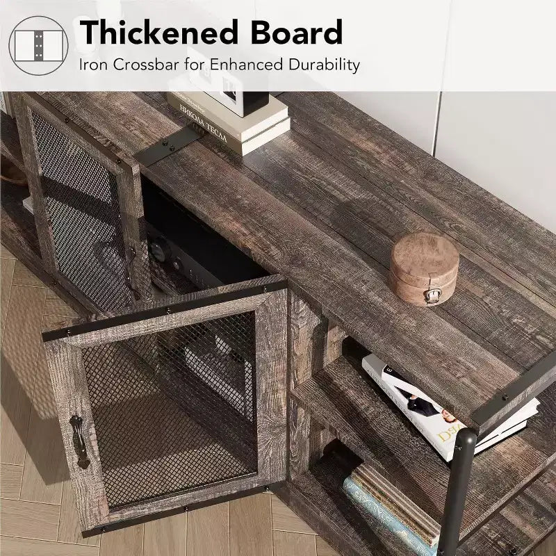 Rustic Grey Entertainment Center, 63-Inch TV Stand with Storage Cabinet and Mesh Doors for Living Room & Bedroom