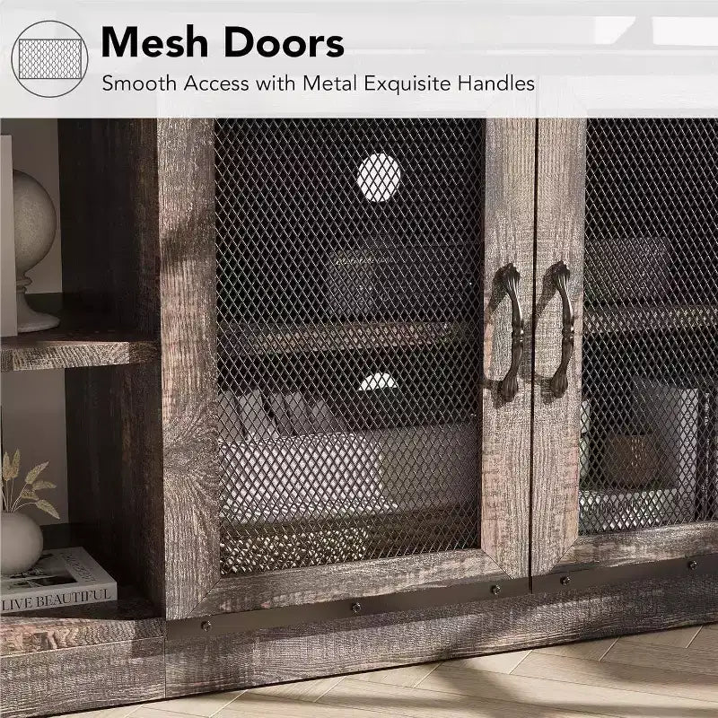 Rustic Grey Entertainment Center, 63-Inch TV Stand with Storage Cabinet and Mesh Doors for Living Room & Bedroom