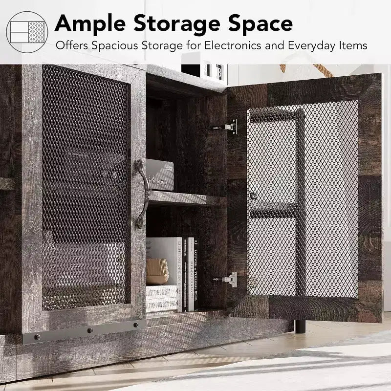 Rustic Grey Entertainment Center, 63-Inch TV Stand with Storage Cabinet and Mesh Doors for Living Room & Bedroom