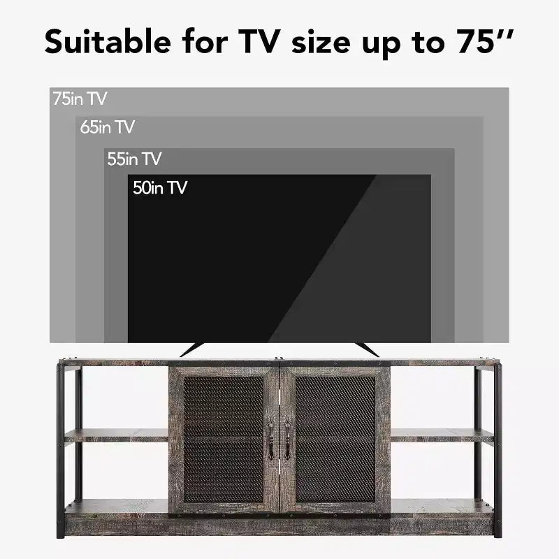 Rustic Grey Entertainment Center, 63-Inch TV Stand with Storage Cabinet and Mesh Doors for Living Room & Bedroom