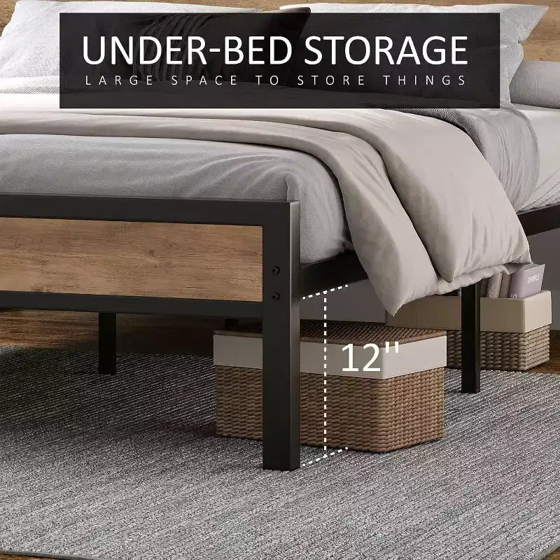 Platform Bed Frame with Charging Station Storage Headboard, Noise-Free