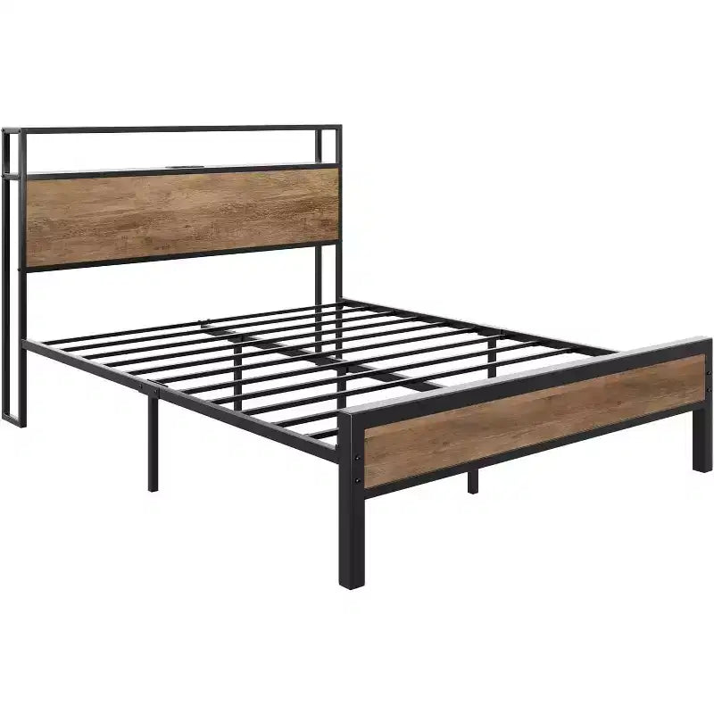 Platform Bed Frame with Charging Station Storage Headboard, Noise-Free