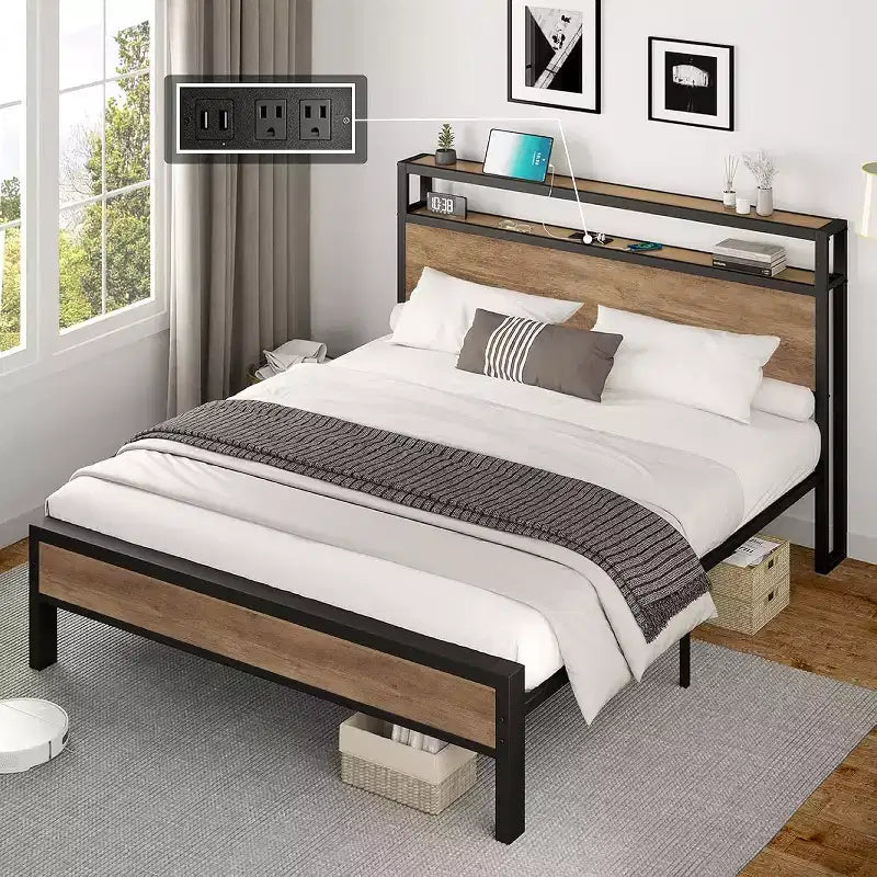 Platform Bed Frame with Charging Station Storage Headboard, Noise-Free