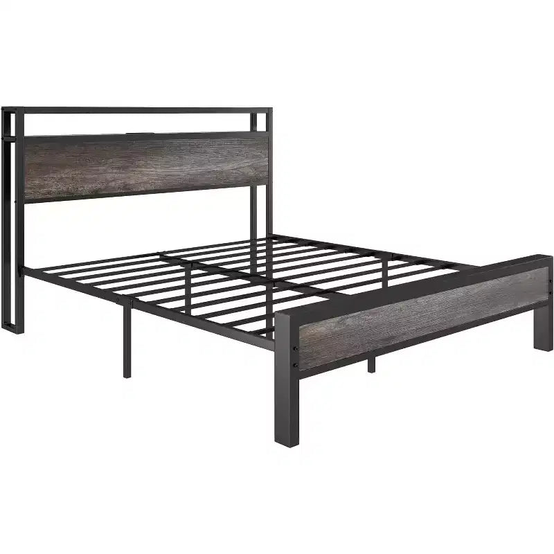 Platform Bed Frame with Charging Station Storage Headboard, Noise-Free