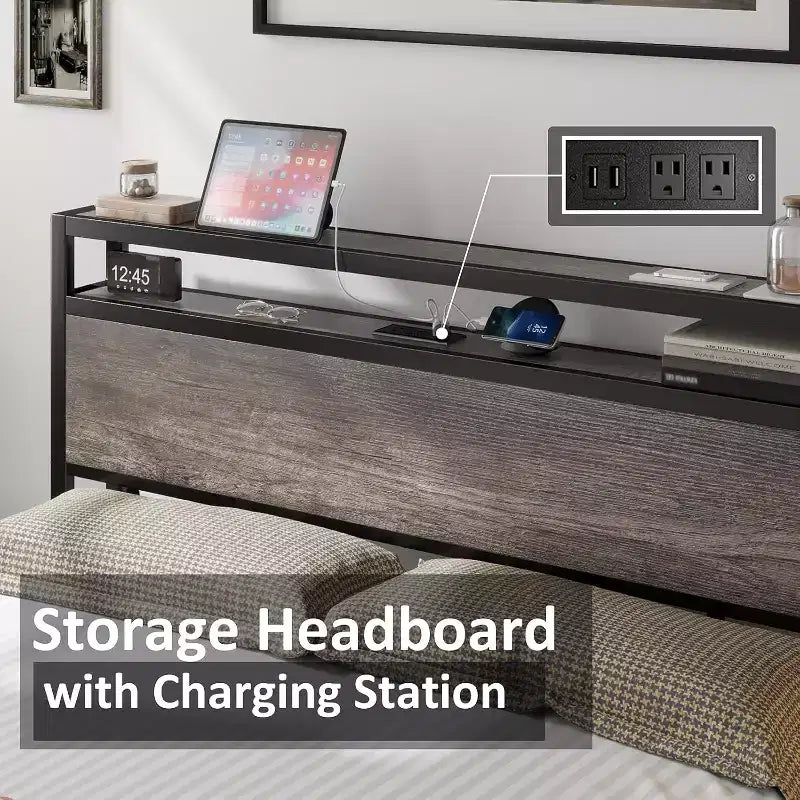 Platform Bed Frame with Charging Station Storage Headboard, Noise-Free