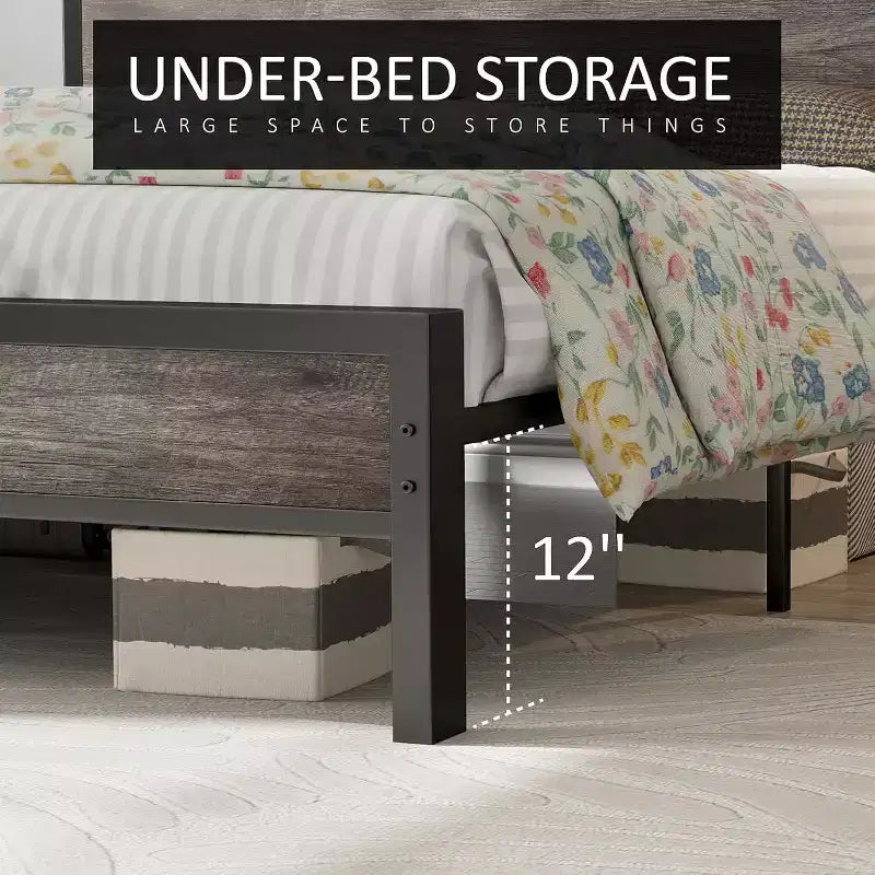 Platform Bed Frame with Charging Station Storage Headboard, Noise-Free