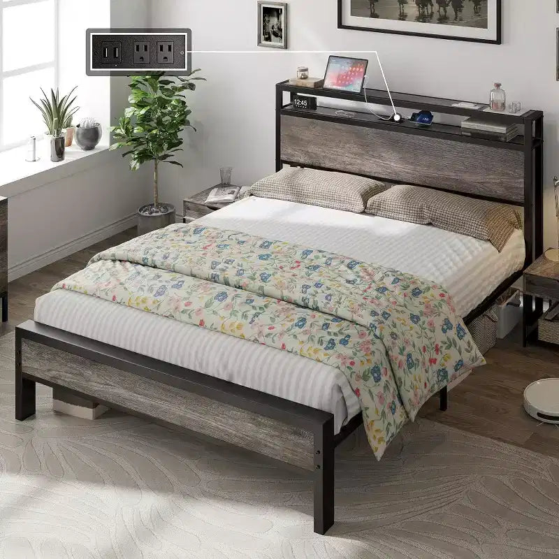 Platform Bed Frame with Charging Station Storage Headboard, Noise-Free