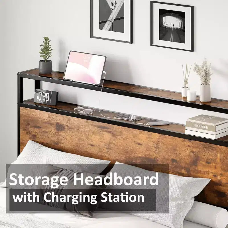 Platform Bed Frame with Charging Station Storage Headboard, Noise-Free