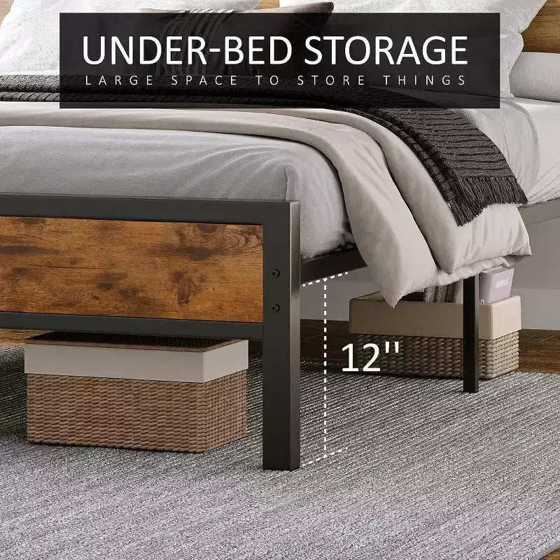 Platform Bed Frame with Charging Station Storage Headboard, Noise-Free