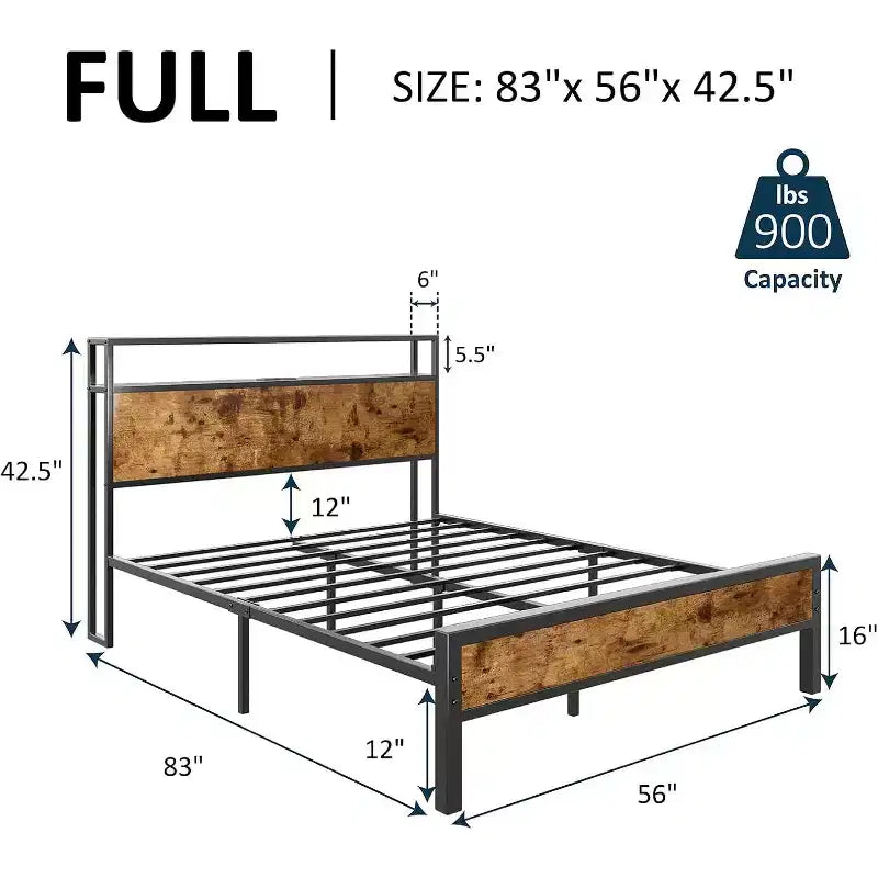 Platform Bed Frame with Charging Station Storage Headboard, Noise-Free