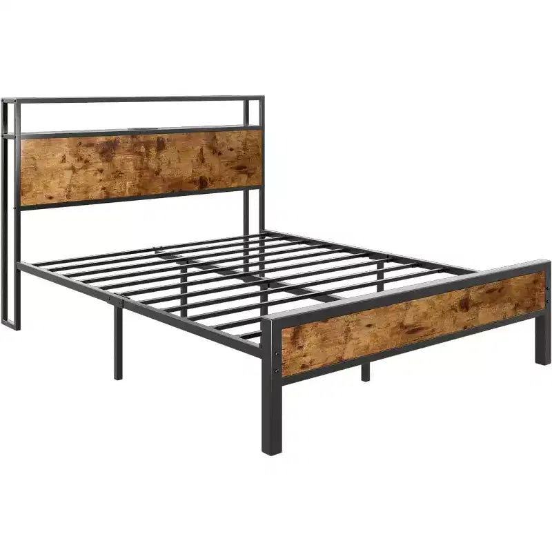 Platform Bed Frame with Charging Station Storage Headboard, Noise-Free