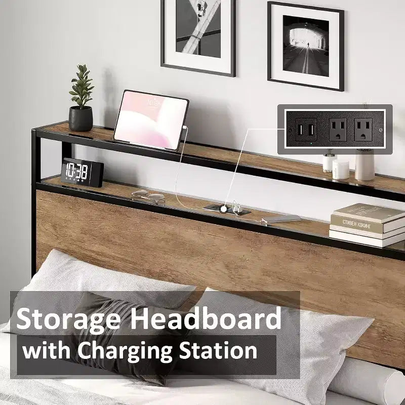 Platform Bed Frame with Charging Station Storage Headboard, Noise-Free