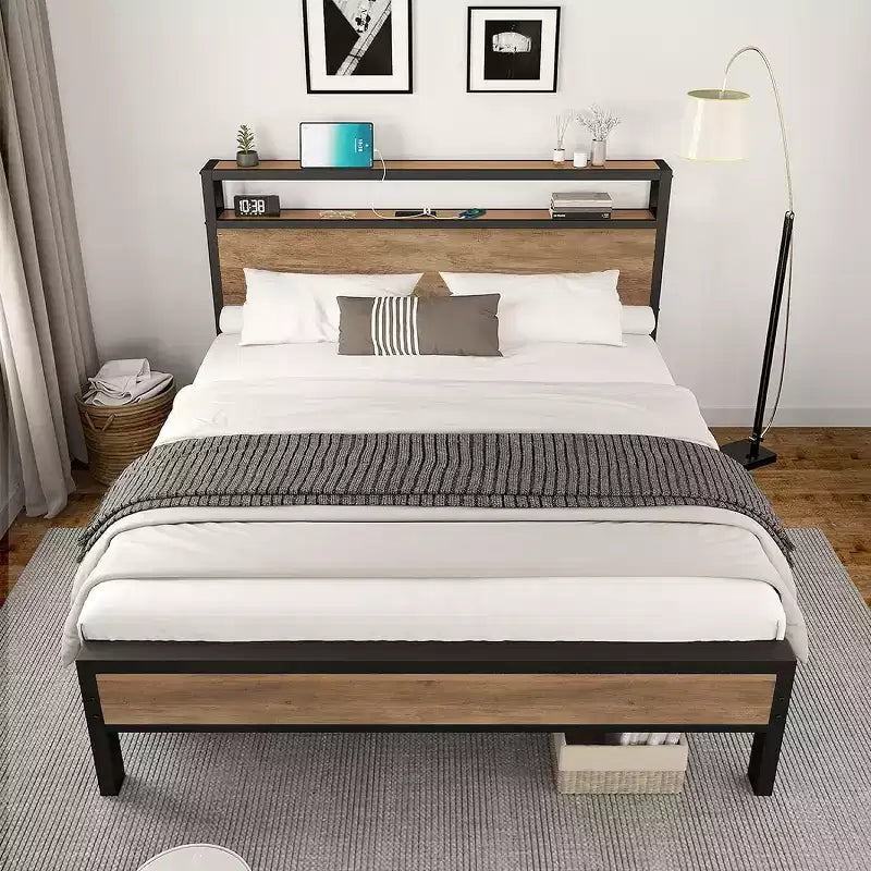 Platform Bed Frame with Charging Station Storage Headboard, Noise-Free