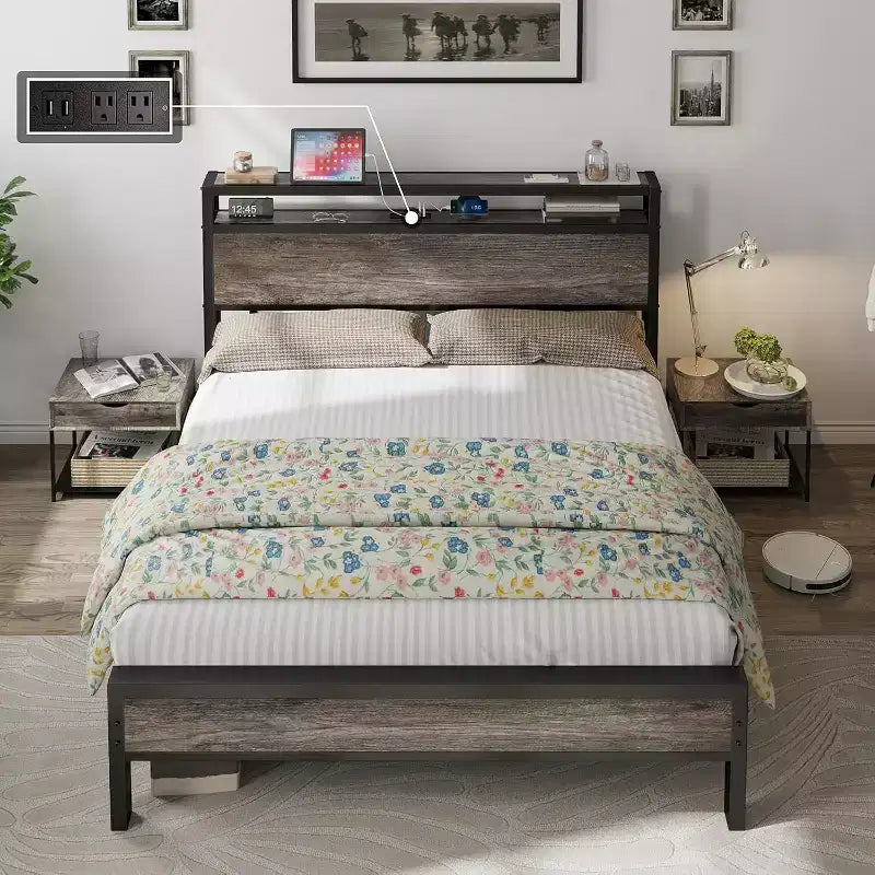 Platform Bed Frame with Charging Station Storage Headboard, Noise-Free