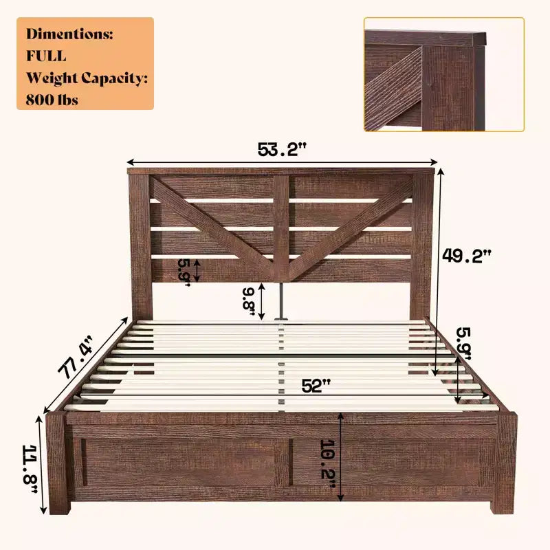 Farmhouse Bed Frame with 49.2 Barn Door Headboard