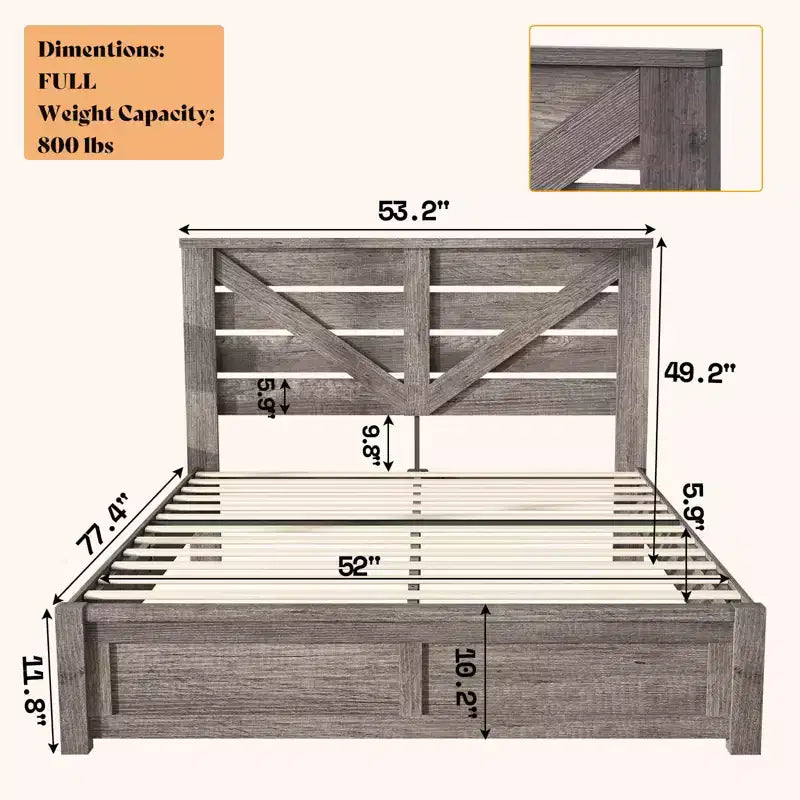 Farmhouse Bed Frame with 49.2 Barn Door Headboard