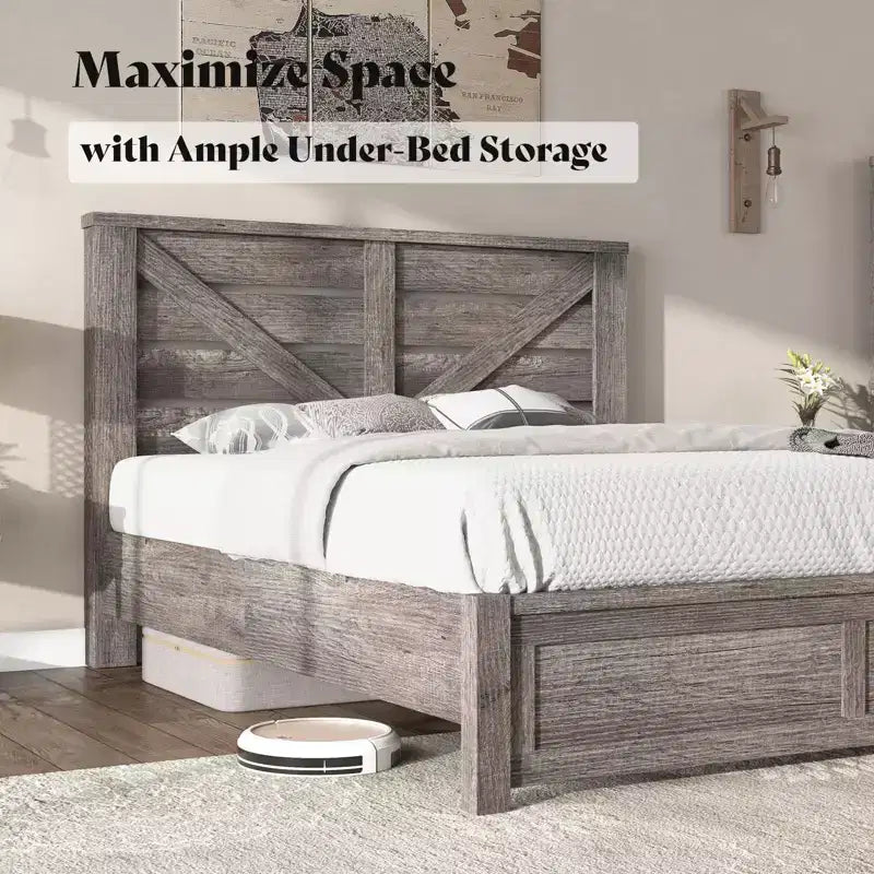 Farmhouse Bed Frame with 49.2 Barn Door Headboard