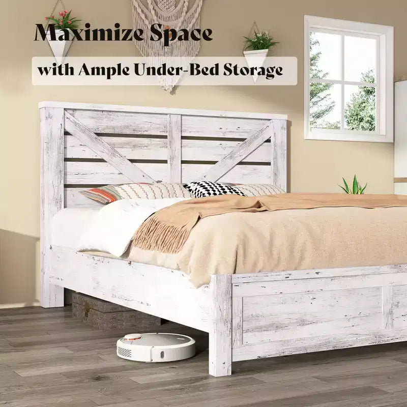 Farmhouse Bed Frame with 49.2 Barn Door Headboard