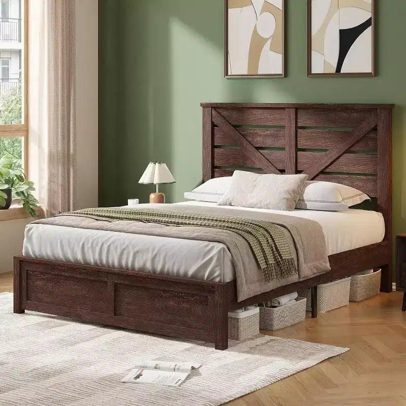 Farmhouse Bed Frame with 49.2 Barn Door Headboard