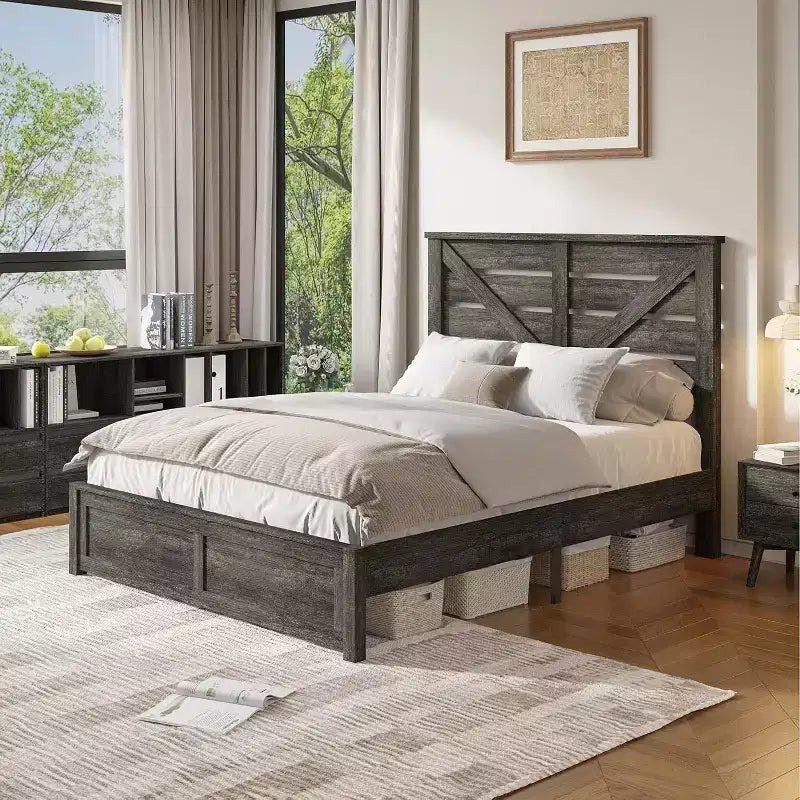 Farmhouse Bed Frame with 49.2 Barn Door Headboard