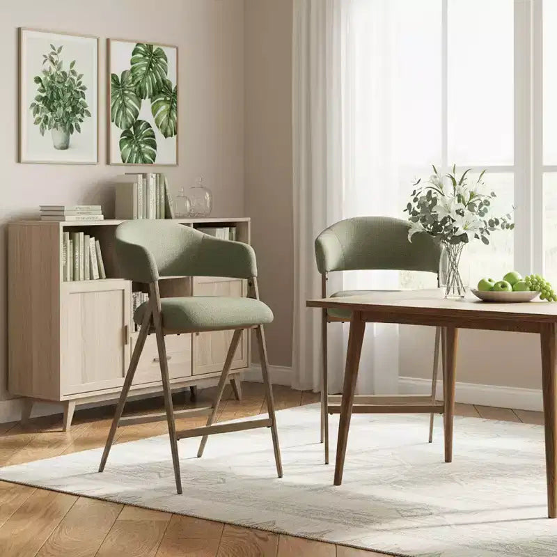 Soft Fabric Dining Chair with Sweeping Backrest & Wood-Look Legs, Kitchen Side Chair with Integrated Footrest