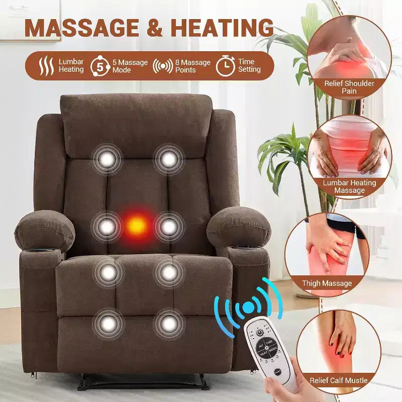 Oversized Massage Recliner Chair with Heat & Vibration, Wide Rocking Recliner with Side Pockets for Living Room, Bedroom, Home Theater
