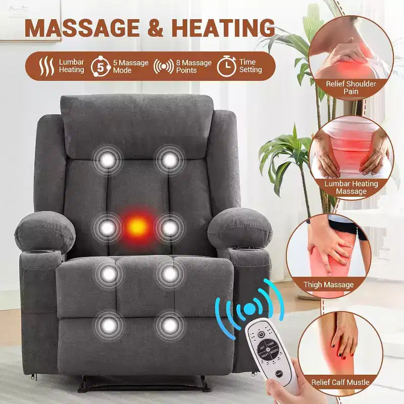 Oversized Massage Recliner Chair with Heat & Vibration, Wide Rocking Recliner with Side Pockets for Living Room, Bedroom, Home Theater