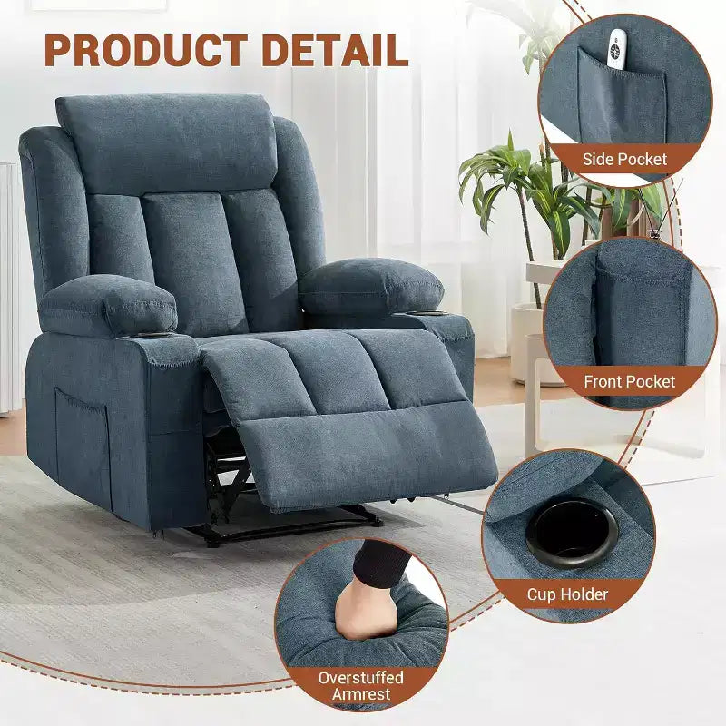 Oversized Massage Recliner Chair with Heat & Vibration, Wide Rocking Recliner with Side Pockets for Living Room, Bedroom, Home Theater