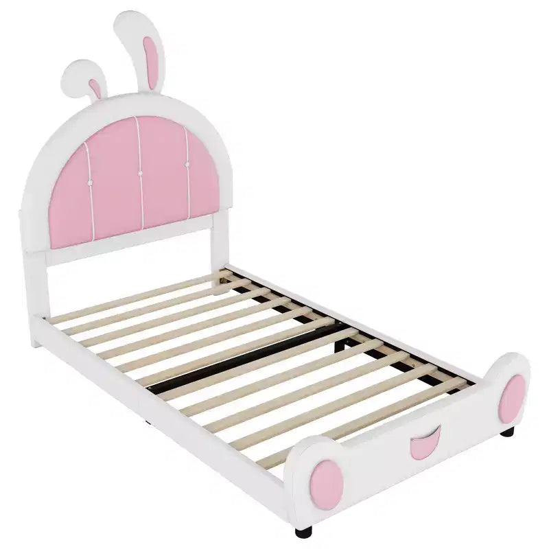 Twin Size Upholstered Platform Bed with Rabbit Shaped Headboard, White+Pink