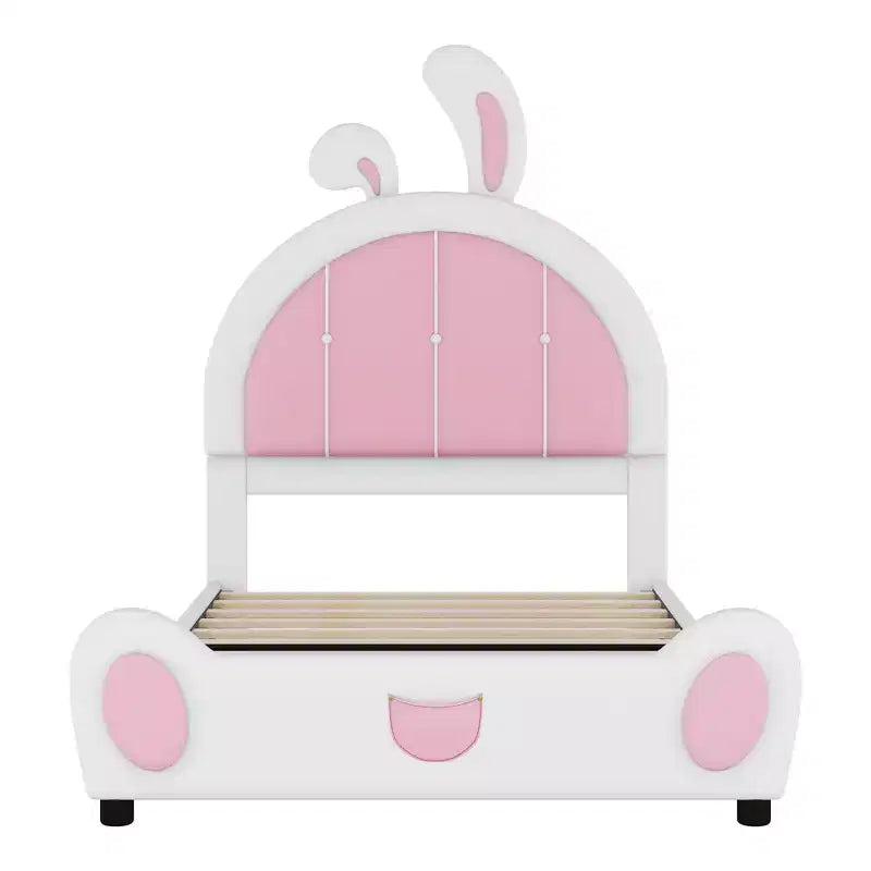 Twin Size Upholstered Platform Bed with Rabbit Shaped Headboard, White+Pink