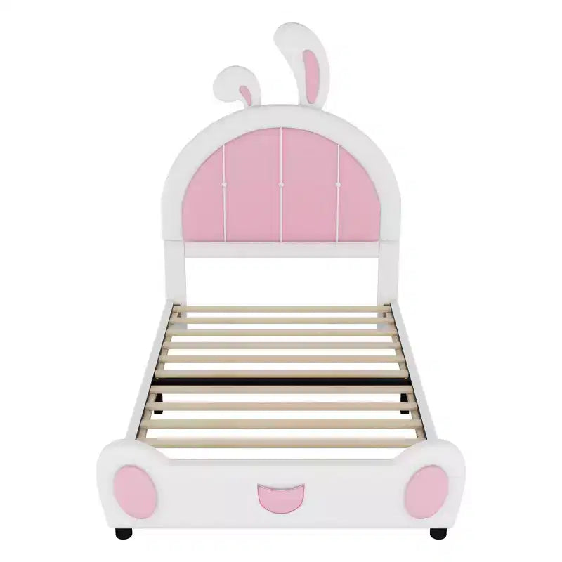 Twin Size Upholstered Platform Bed with Rabbit Shaped Headboard, White+Pink