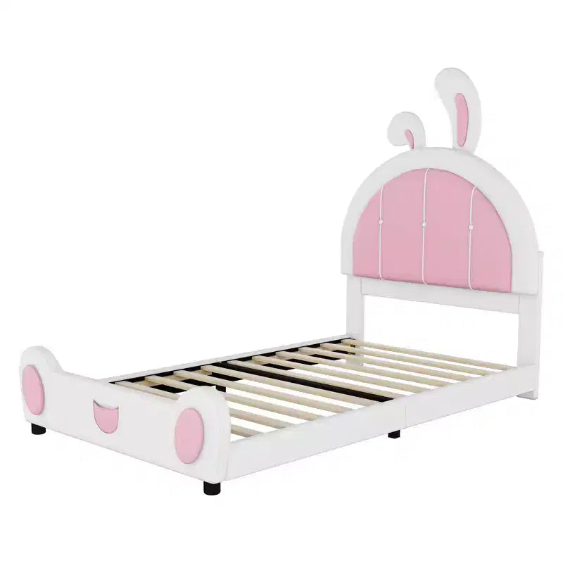 Twin Size Upholstered Platform Bed with Rabbit Shaped Headboard, White+Pink