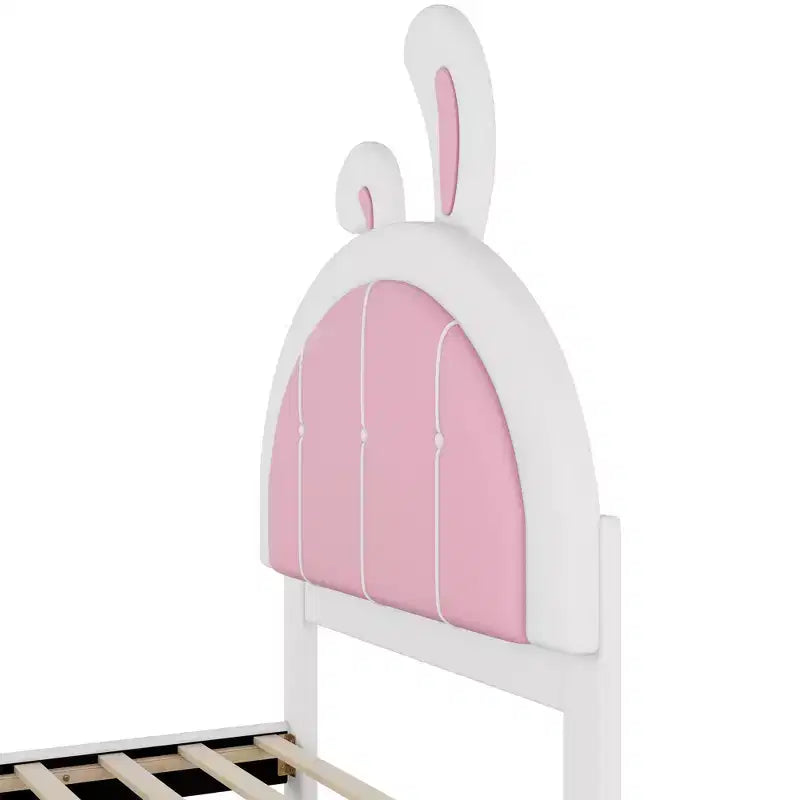 Twin Size Upholstered Platform Bed with Rabbit Shaped Headboard, White+Pink