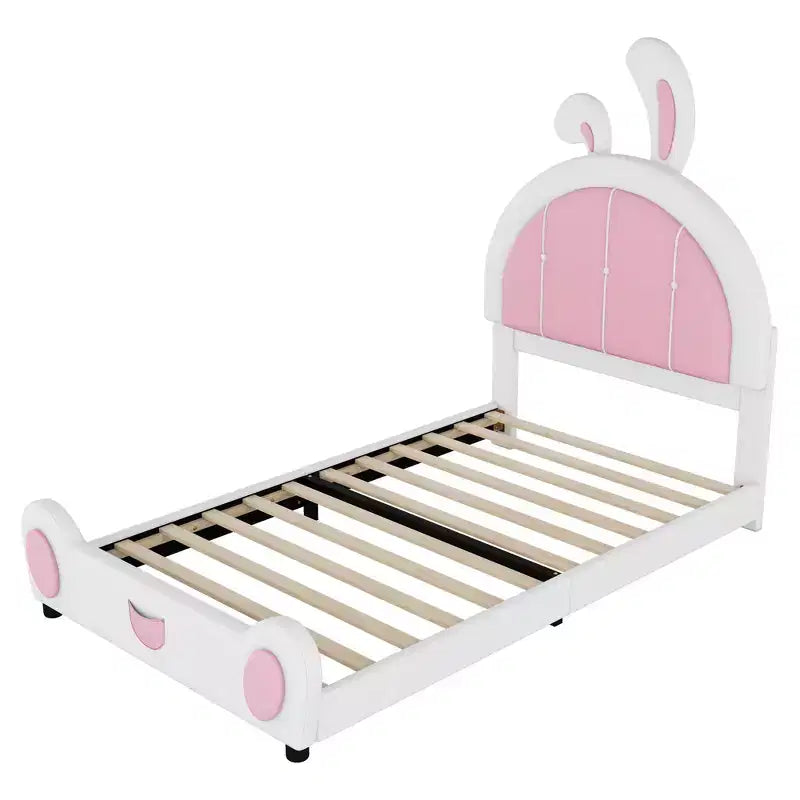 Twin Size Upholstered Platform Bed with Rabbit Shaped Headboard, White+Pink
