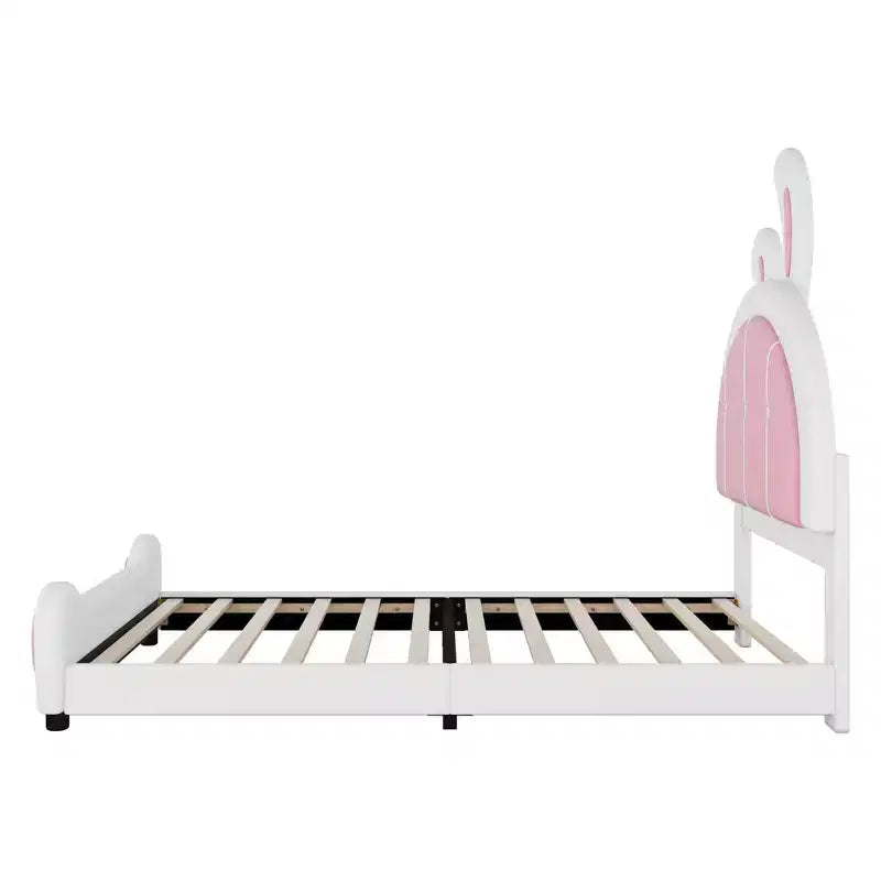 Twin Size Upholstered Platform Bed with Rabbit Shaped Headboard, White+Pink
