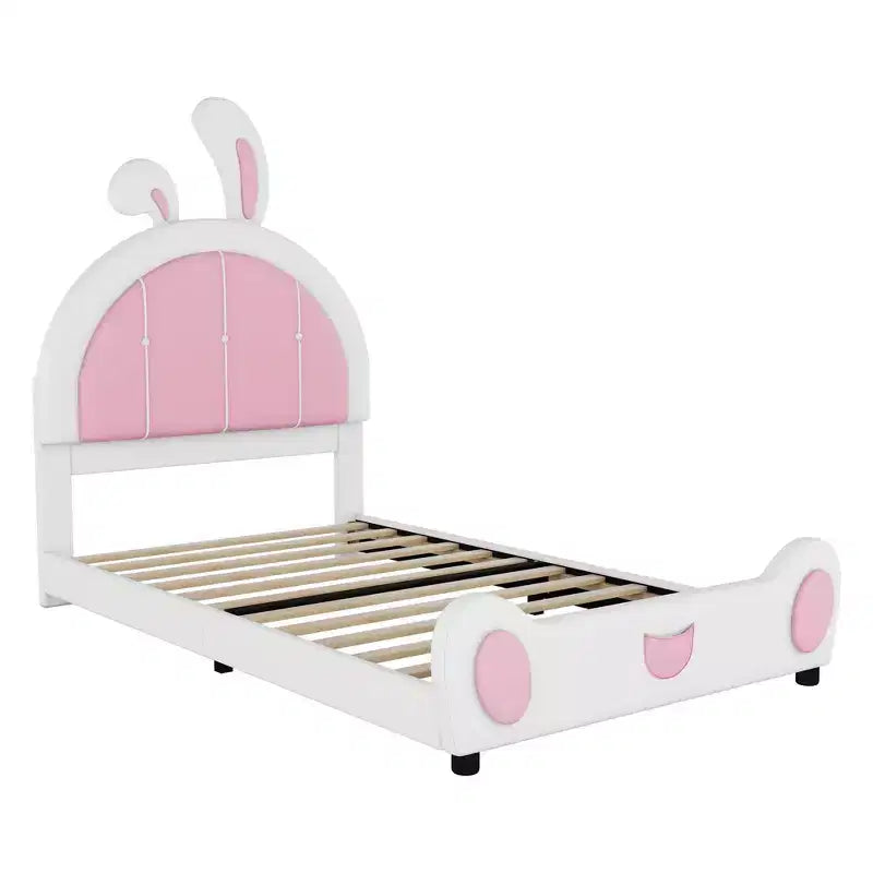 Twin Size Upholstered Platform Bed with Rabbit Shaped Headboard, White+Pink