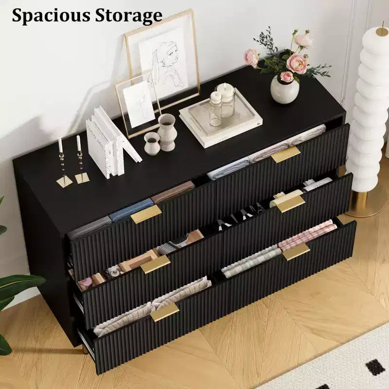 Fluted 7-Drawer Wood Dresser, Modern Black with Gold Handle for Bedroom, Black