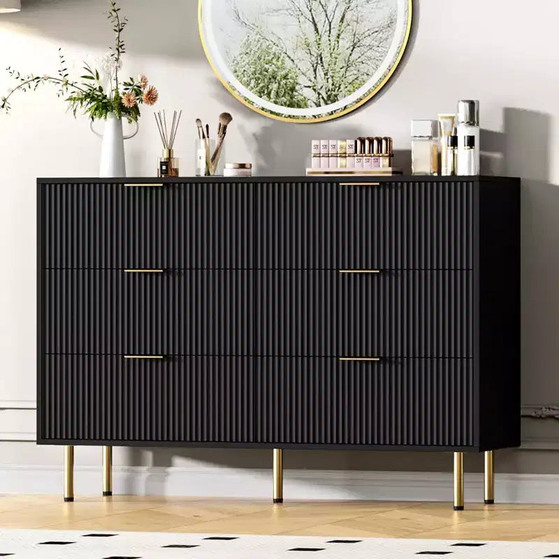 Fluted 7-Drawer Wood Dresser, Modern Black with Gold Handle for Bedroom, Black