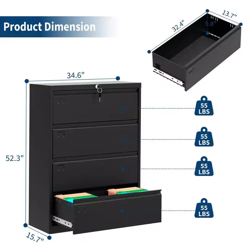 Secure 4-Drawer Lateral File Cabinet  Heavy Duty Steel Filing Storage for Office & Home  Lockable, Fits Legal/Letter/A4 Documents