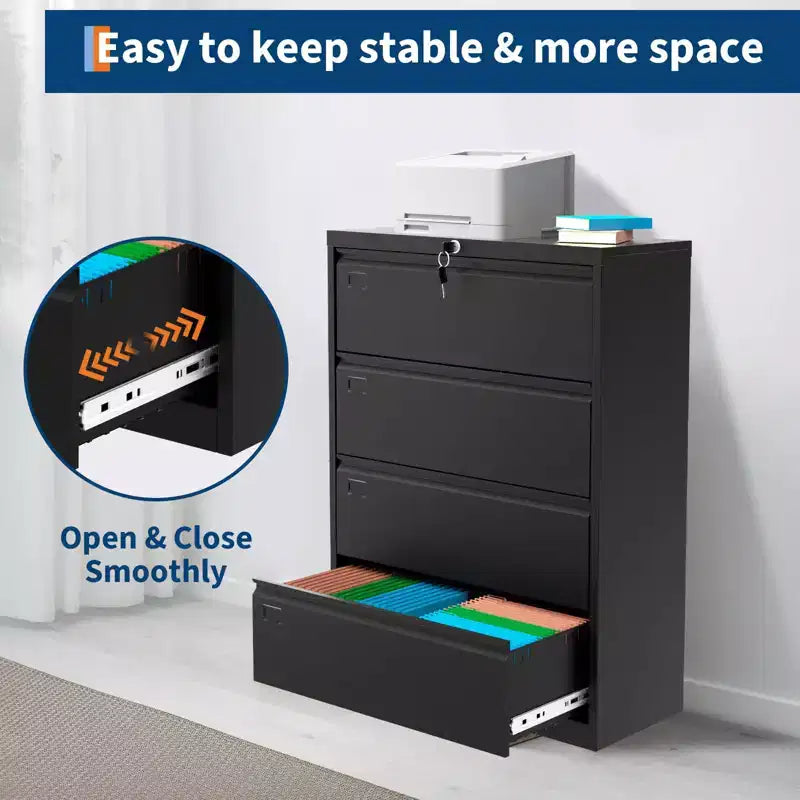 Secure 4-Drawer Lateral File Cabinet  Heavy Duty Steel Filing Storage for Office & Home  Lockable, Fits Legal/Letter/A4 Documents