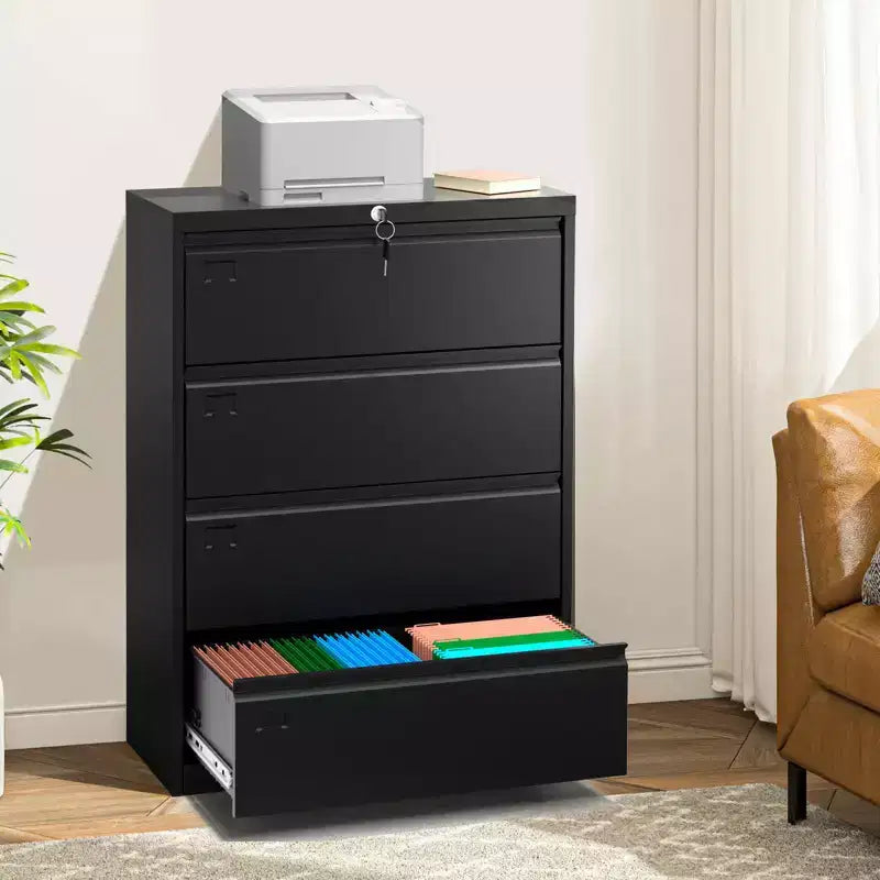 Secure 4-Drawer Lateral File Cabinet  Heavy Duty Steel Filing Storage for Office & Home  Lockable, Fits Legal/Letter/A4 Documents