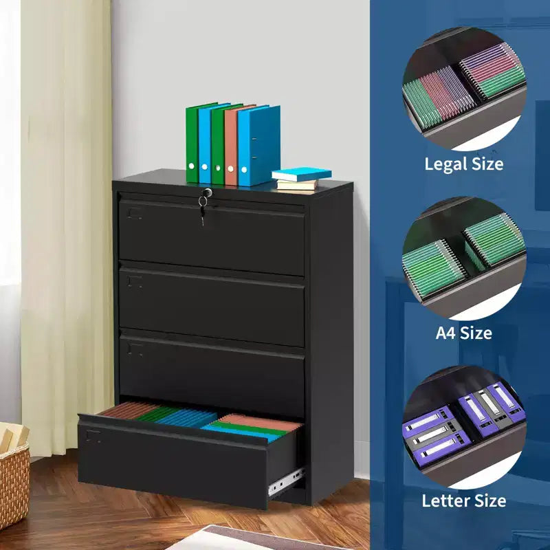 Secure 4-Drawer Lateral File Cabinet  Heavy Duty Steel Filing Storage for Office & Home  Lockable, Fits Legal/Letter/A4 Documents
