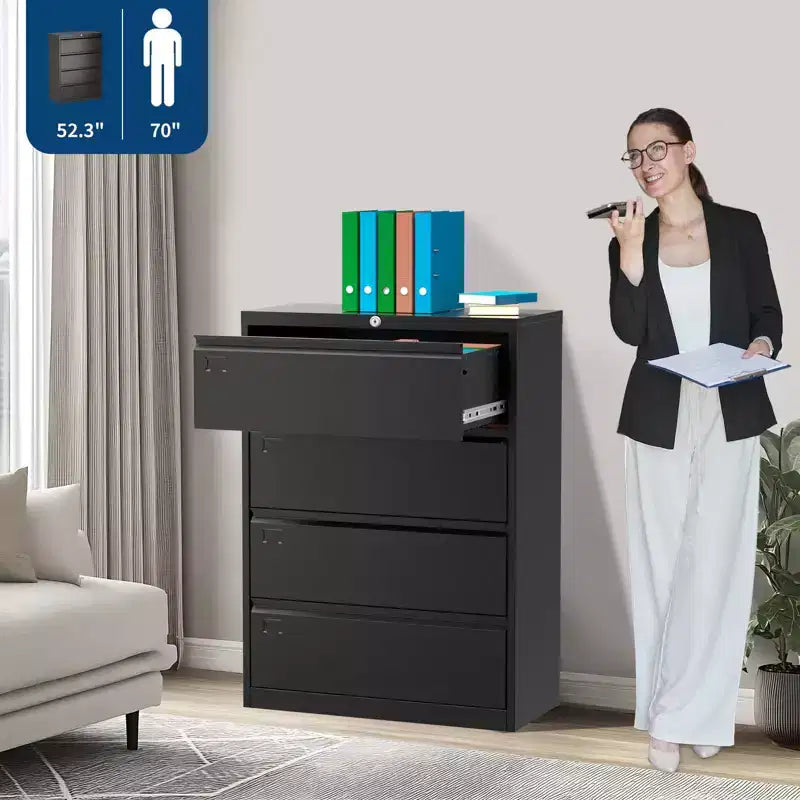 Secure 4-Drawer Lateral File Cabinet  Heavy Duty Steel Filing Storage for Office & Home  Lockable, Fits Legal/Letter/A4 Documents