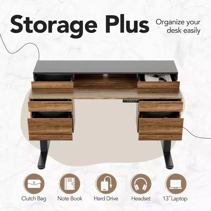 55 Inch Electric Height Adjustable Stand Up Desk with Storage, Standing Desk with 6 Drawers, Computer Home Office Workstation with Monitor Stand